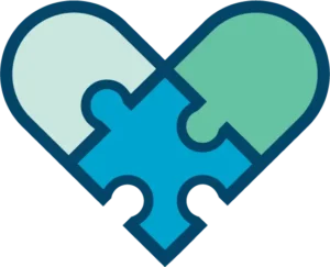 Heart-shaped puzzle logo with blue and green pieces.
